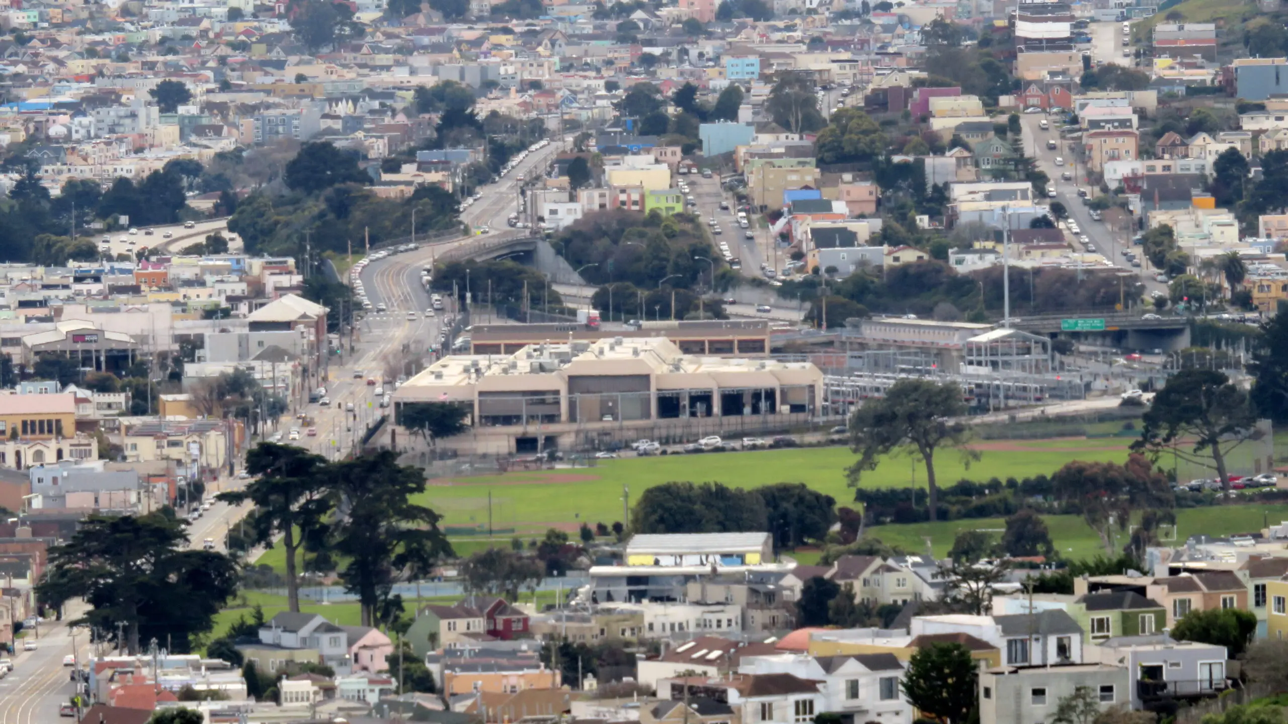 The Balboa Park BART and Muni station complex and surrounding San Francisco neighborhood, the kind of transit area affected by SB 79 - San Francisco
