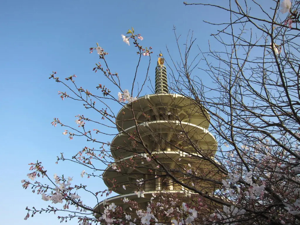 Japantown Peace Pagoda in San Francisco with cherry blossoms