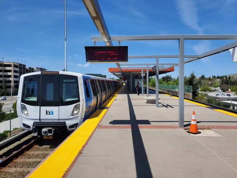 A southbound Green Line BART train at Fremont station, the area where track work cancels Green Line service on four weekends - San Francisco