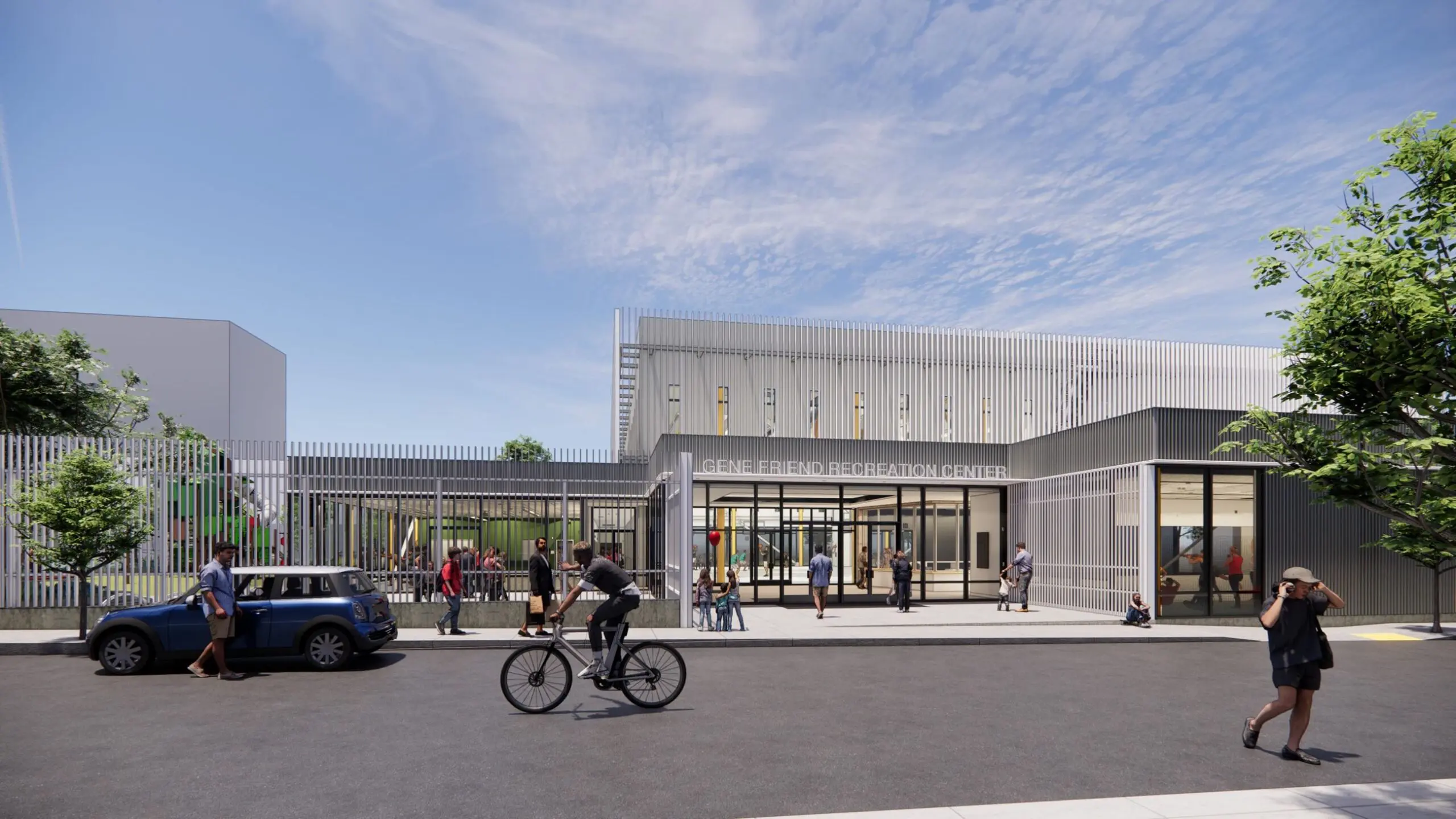 Architect's rendering of the rebuilt Gene Friend Recreation Center seen from its new Harriet Street entrance in SoMa - San Francisco