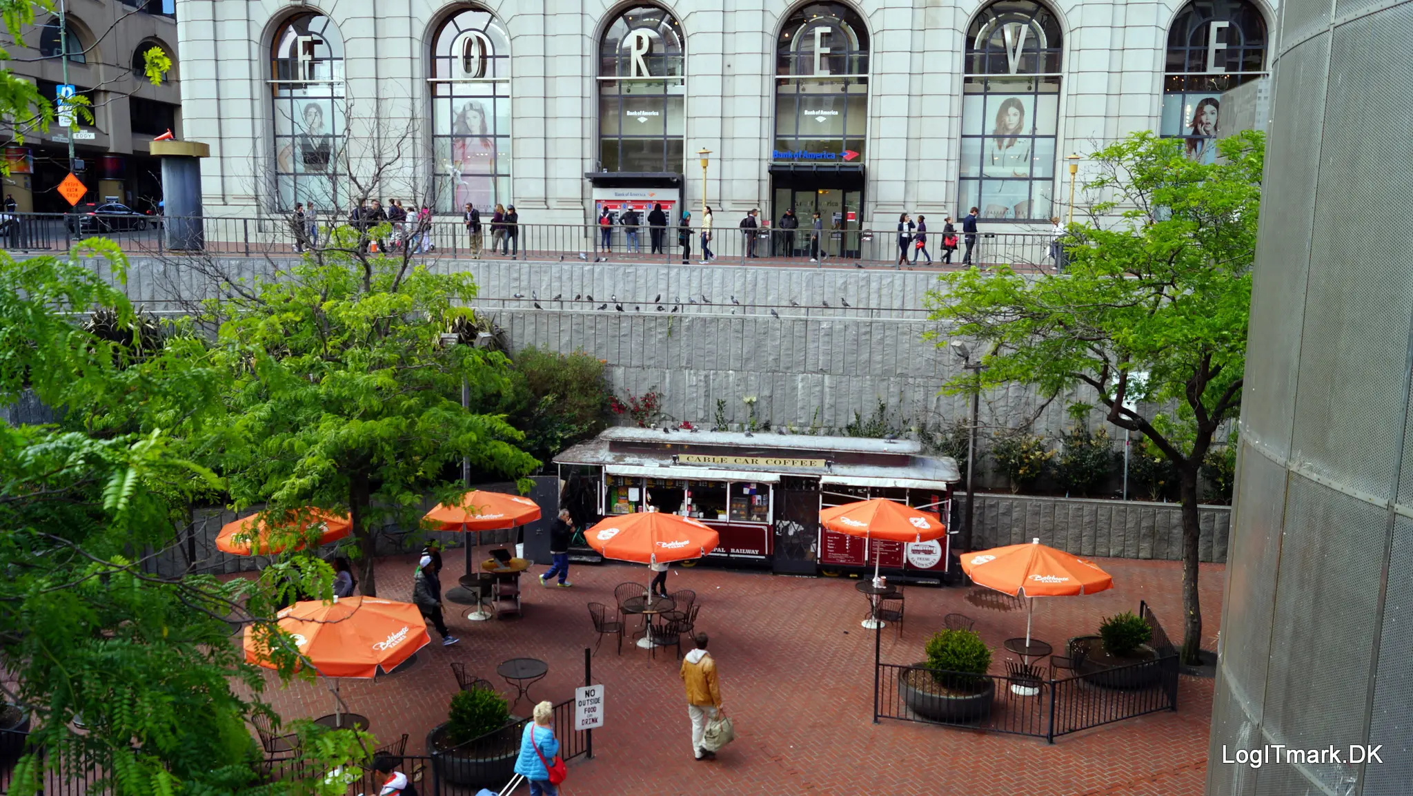 Hallidie Plaza seen from Market Street, the sunken plaza and Powell Street station entrance set for new accessibility ramps - San Francisco