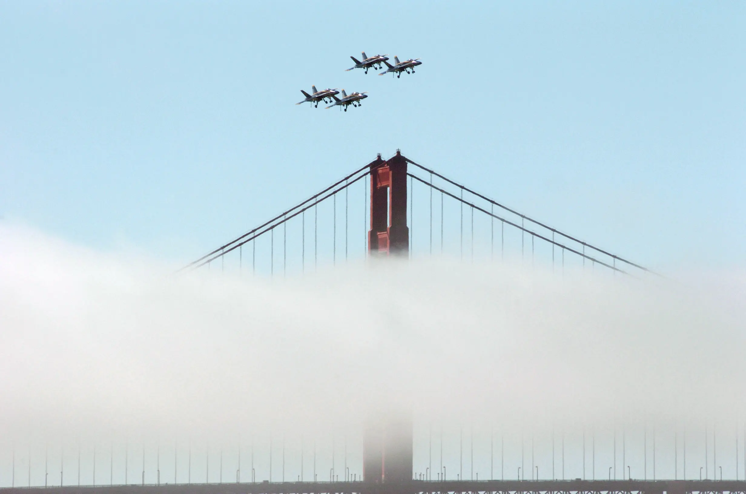 US Navy Blue Angels flying past the Golden Gate Bridge during Fleet Week - San Francisco