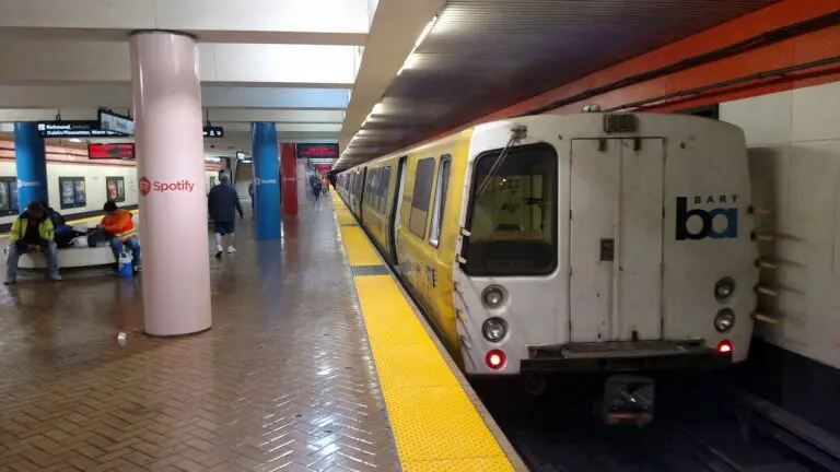 A BART train at Powell Street station, part of the regional system celebrating Transit Month - San Francisco