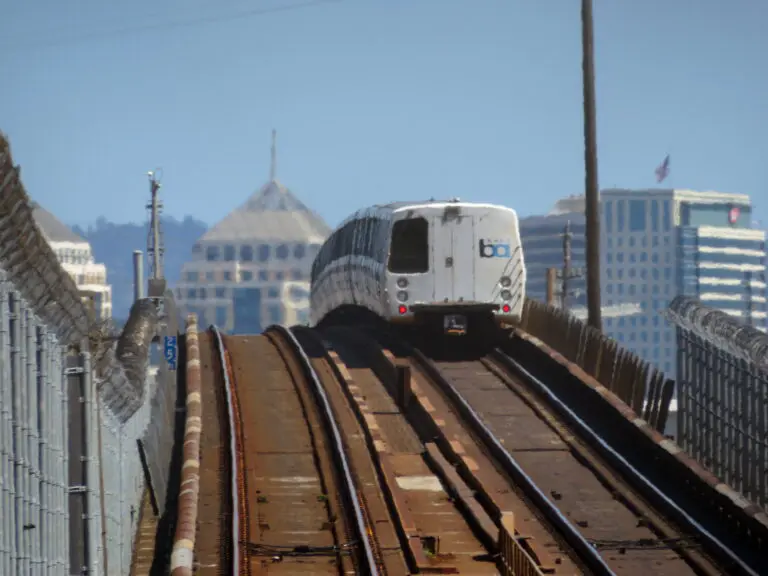 A BART train leaving the Oakland end of the Transbay Tube, the tunnel covered by the Inspector General audit - San Francisco