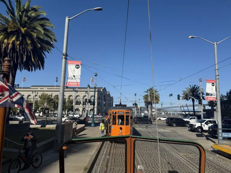 A Blackpool boat tram and a Peter Witt streetcar at Don Chee Way during Muni Heritage Weekend - San Francisco