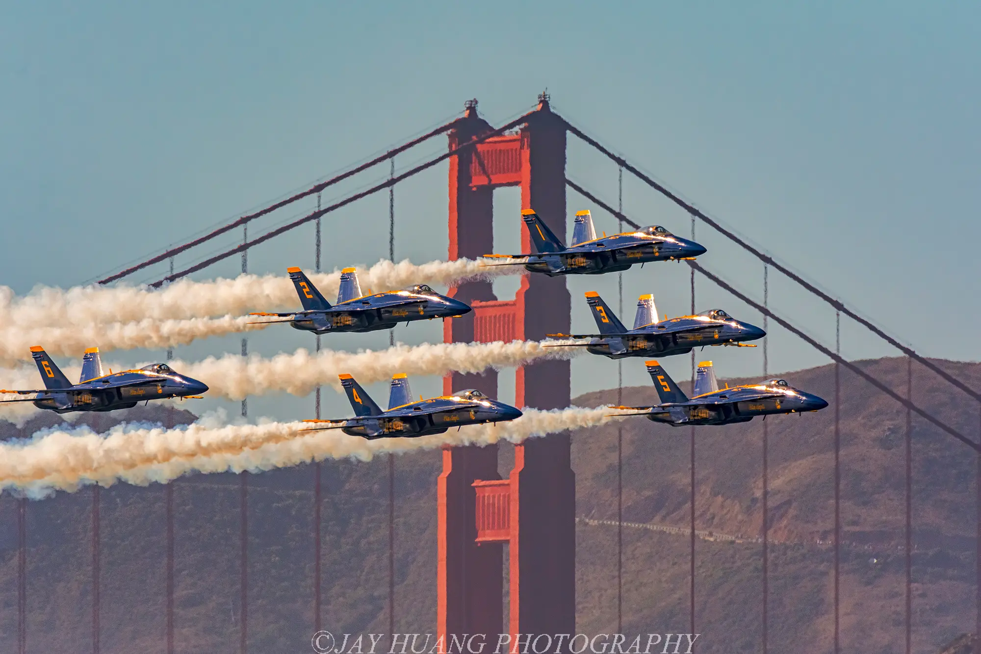 Blue Angels jets flying in front of the Golden Gate Bridge during Fleet Week - San Francisco