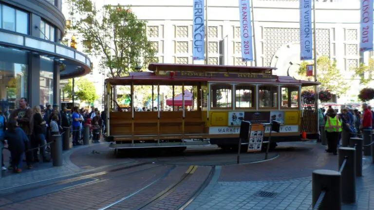 Cable car being turned on the Powell Street turntable at Market Street, within the Powell Street Improvement Project limits - San Francisco