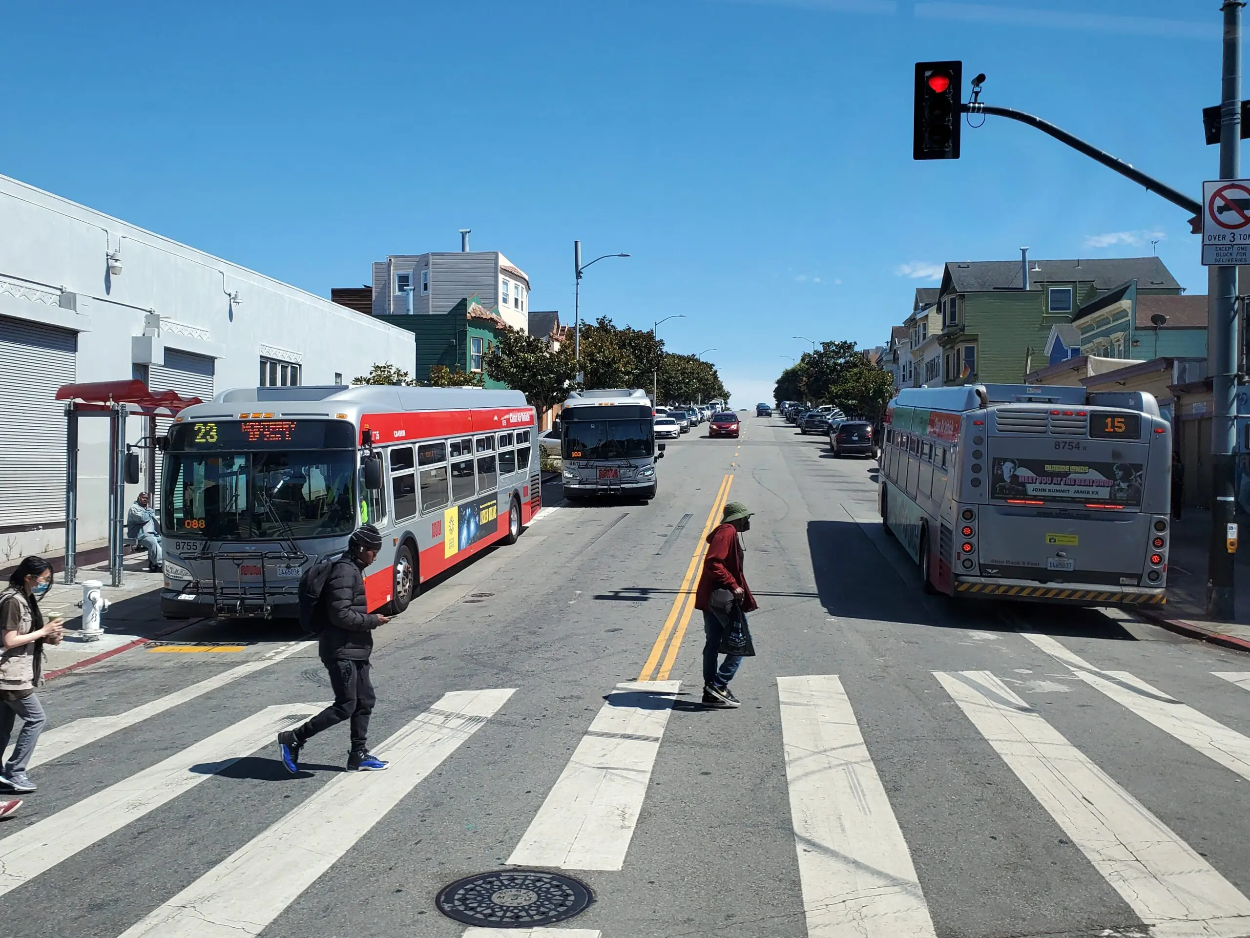 Muni buses on Palou Street at Third Street in the Bayview, the district where two of the city's data centers sit - San Francisco