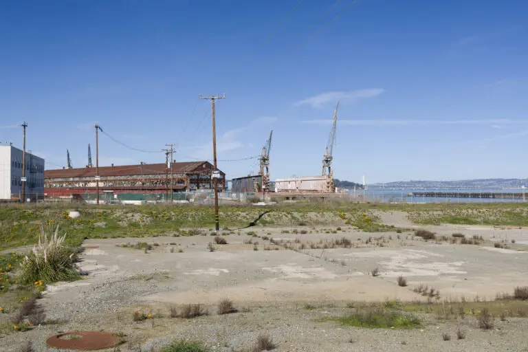 Historic shipyard buildings at Pier 70, the Dogpatch waterfront site where Elevation Sky Park is opening - San Francisco