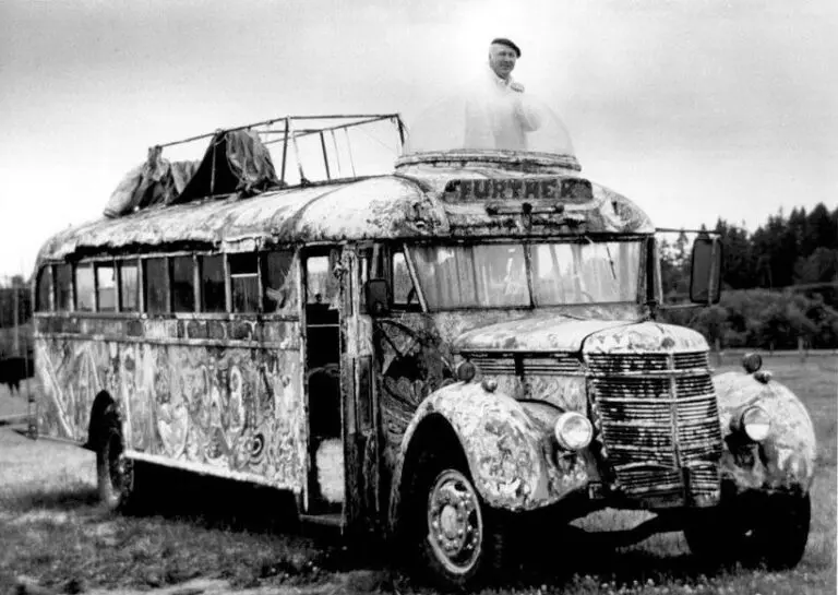 Ken Kesey's original Furthur bus, on the Kesey family farm in Oregon before its first public exhibition in Golden Gate Park - San Francisco