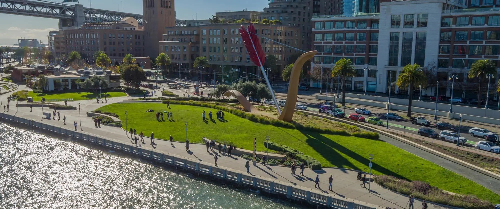 Drone view of Rincon Park, Cupid's Span and the Embarcadero seawall during the December 4, 2017 king tide, Port of San Francisco photo - San Francisco