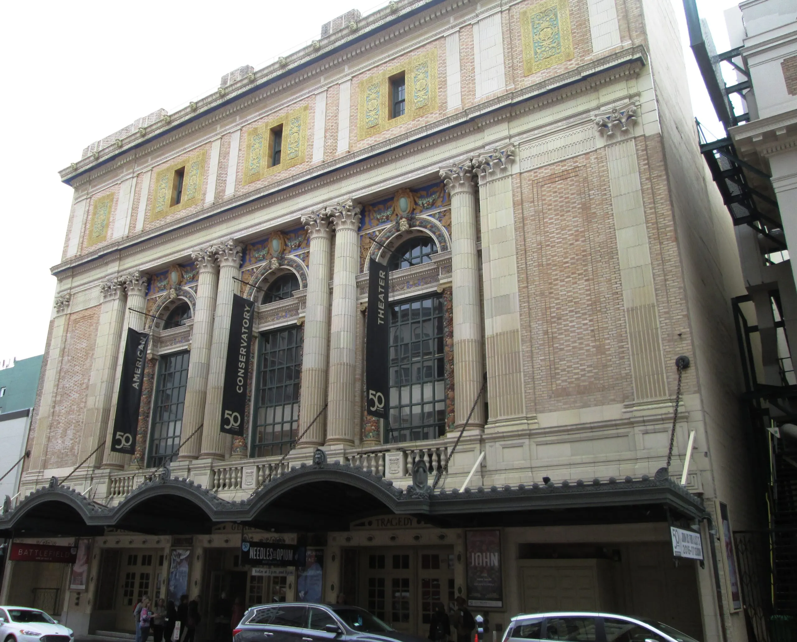 Facade of A.C.T.'s Toni Rembe Theater, formerly the Geary Theater, at 415 Geary Street with American Conservatory Theater banners - San Francisco