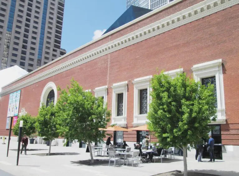 Brick facade of the former Jessie Street Substation at the Contemporary Jewish Museum, 736 Mission Street, with the blue Libeskind addition behind - San Francisco