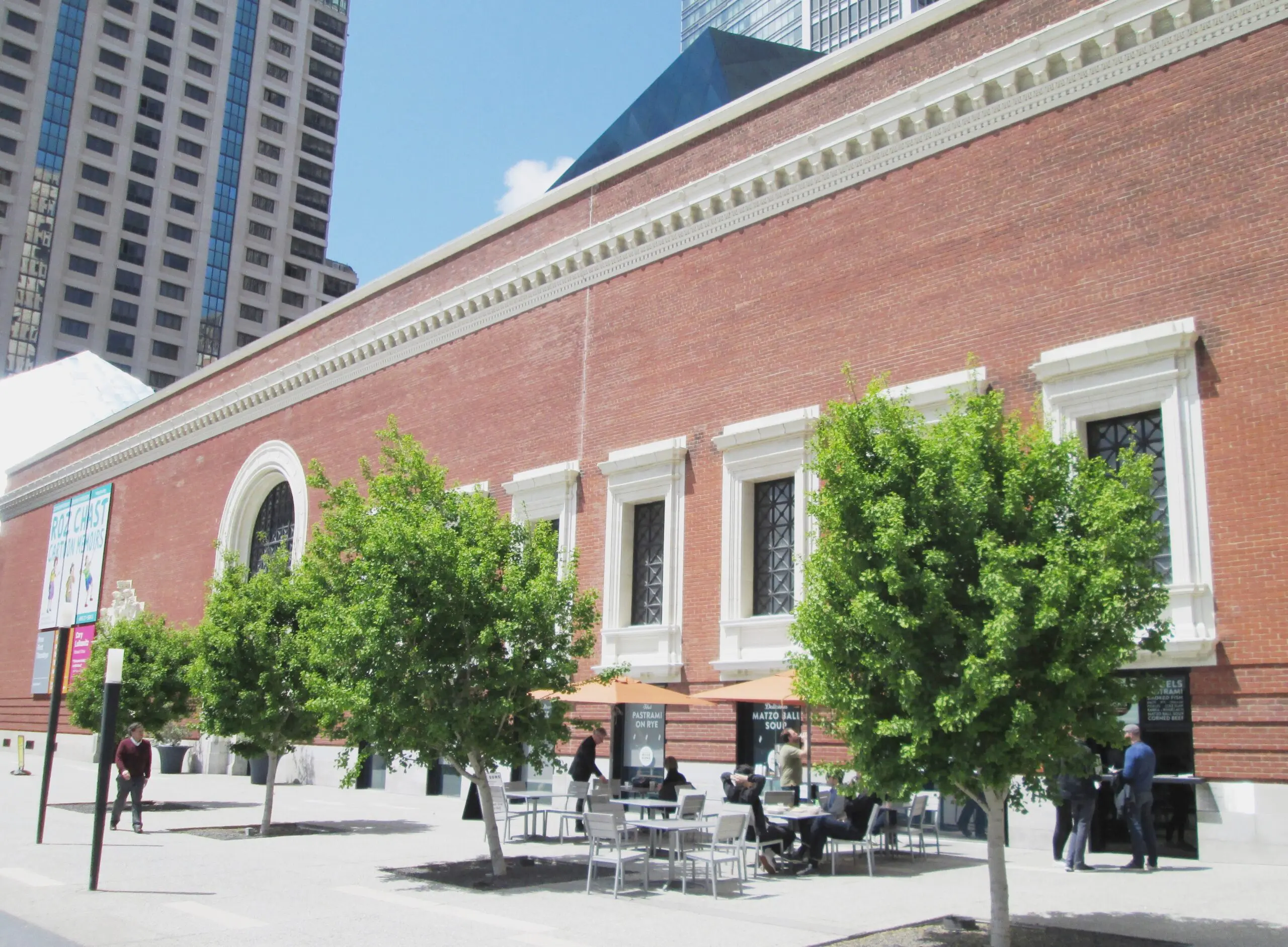 Brick facade of the former Jessie Street Substation at the Contemporary Jewish Museum, 736 Mission Street, with the blue Libeskind addition behind - San Francisco
