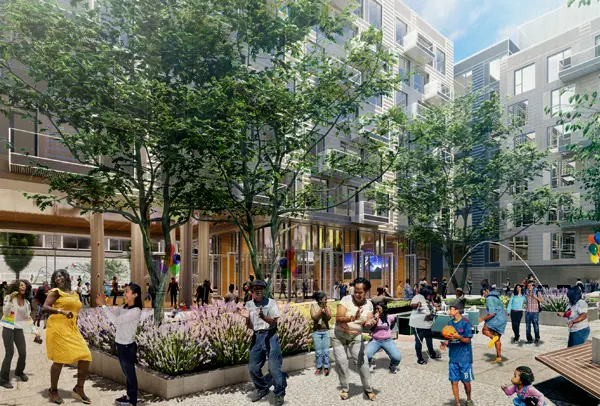Rendering of a courtyard in the proposed Freedom West 2.0 redevelopment in the Western Addition - San Francisco