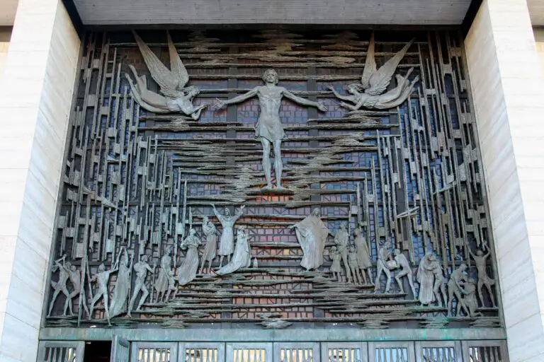Bronze sculpture above the main entrance of the Cathedral of St. Mary of the Assumption on Gough Street, where relics of St. Francis are on view - San Francisco