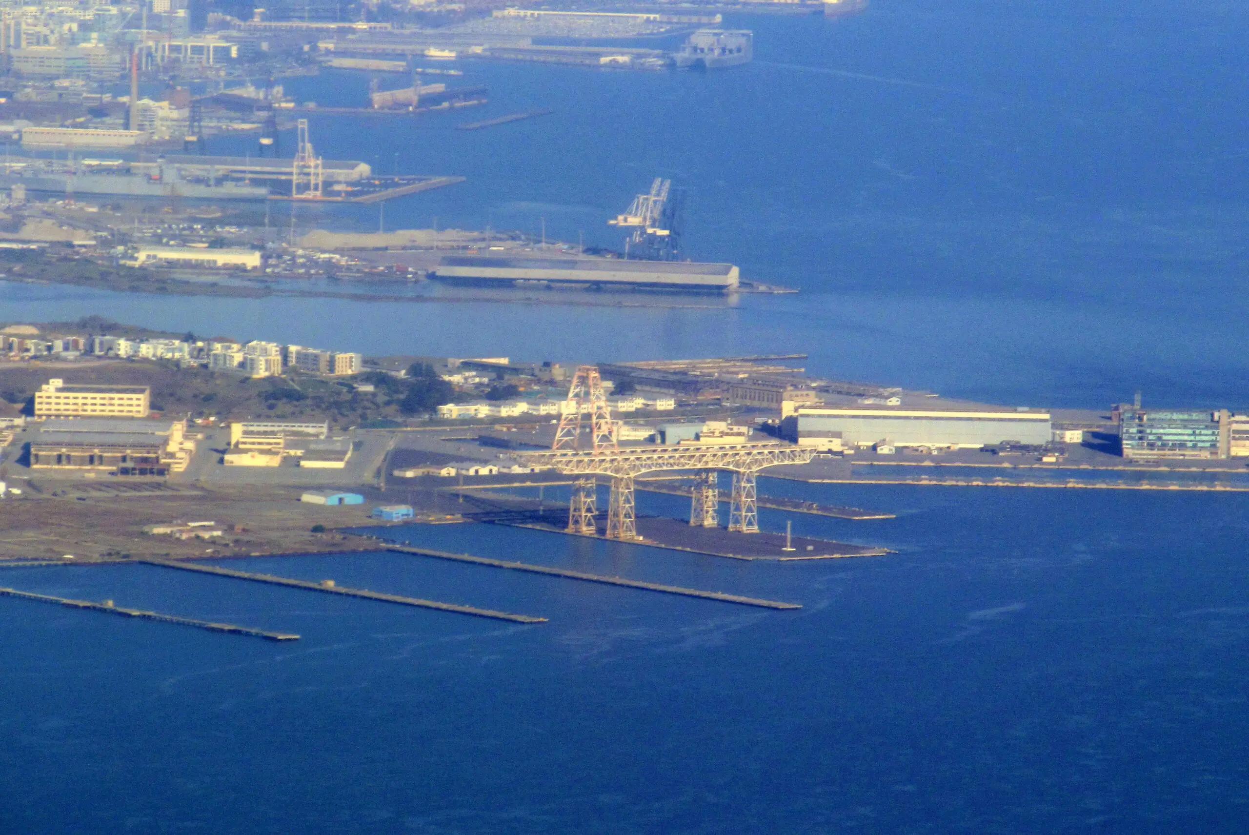 Aerial view of the Hunters Point Shipyard gantry crane on the Bayview waterfront - San Francisco