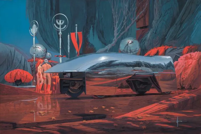 Syd Mead painting Hypervan at Crimson Plaza, a chrome vehicle in a red-lit plaza, from the Future Pastime exhibition - San Francisco
