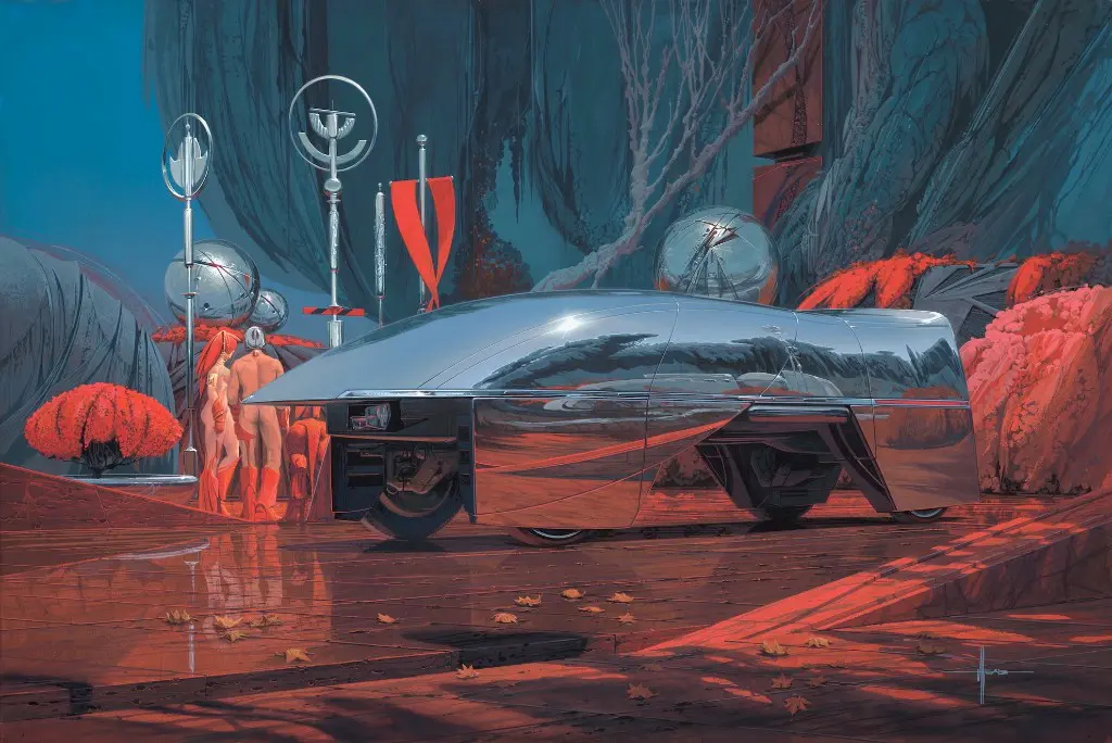 Syd Mead painting Hypervan at Crimson Plaza, a chrome vehicle in a red-lit plaza, from the Future Pastime exhibition - San Francisco