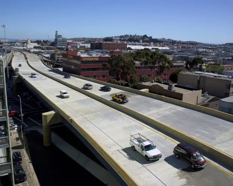 Elevated Central Freeway viaduct in SoMa, part of the Caltrans Central and Bayshore viaduct rehabilitation project behind the westbound I-80 closure - San Francisco