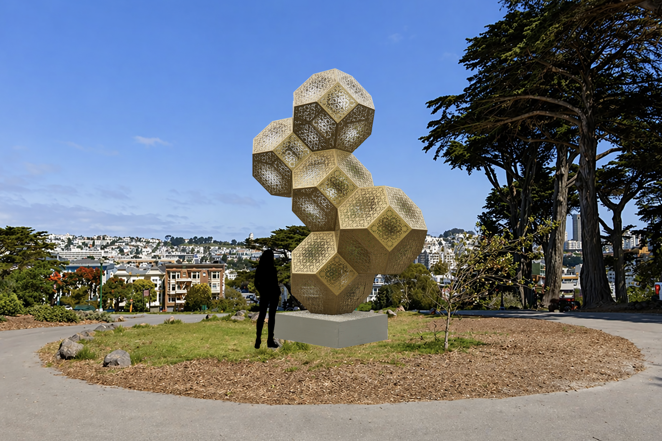 Rendering of Axis Mundi, a stacked gold steel polyhedron sculpture by HYBYCOZO, at the center of Alamo Square Park - San Francisco